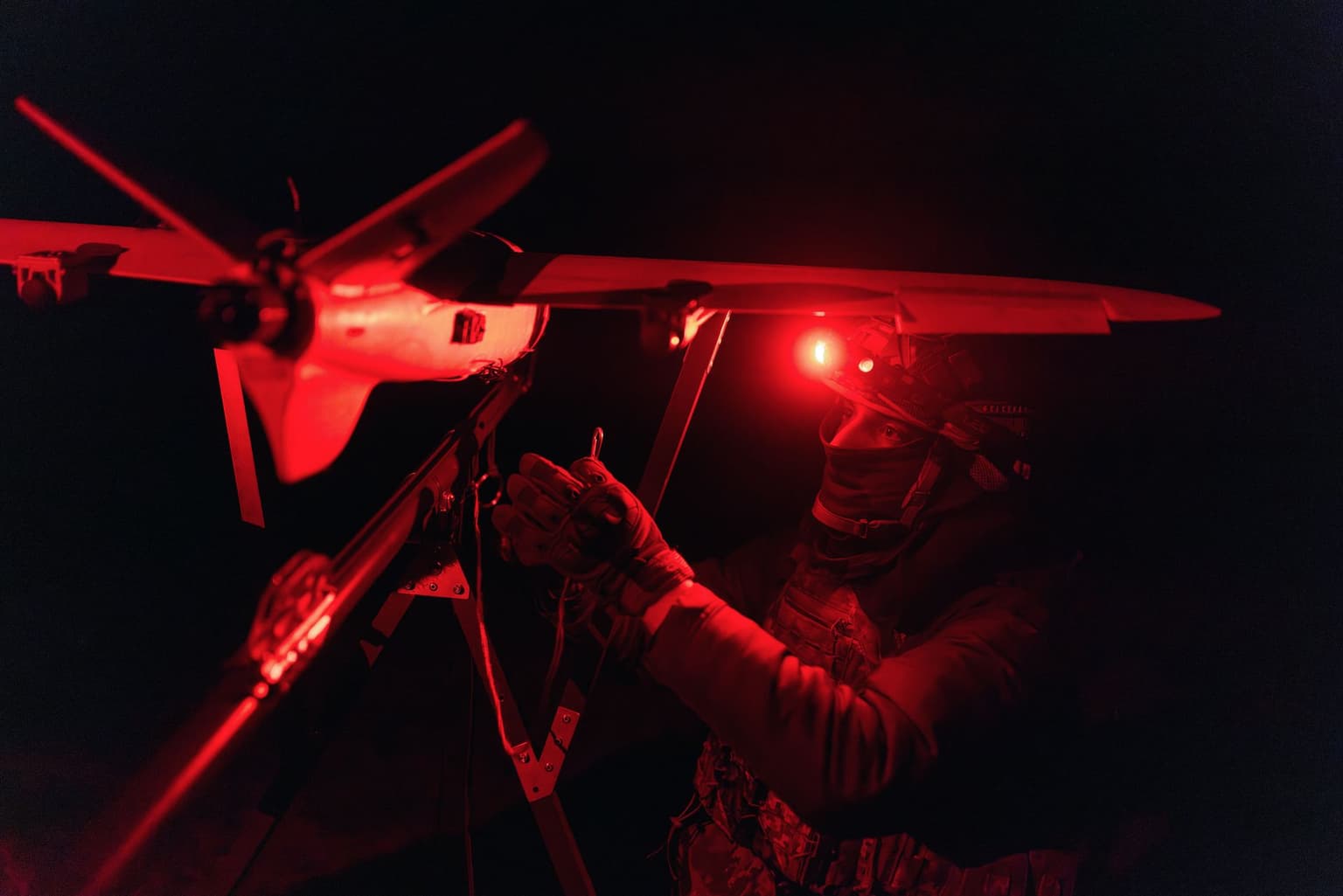 A soldier of the 127th Separate Territorial Defense Brigade launches a drone in Kharkiv Oblast, Ukraine, on March 14, 2026.