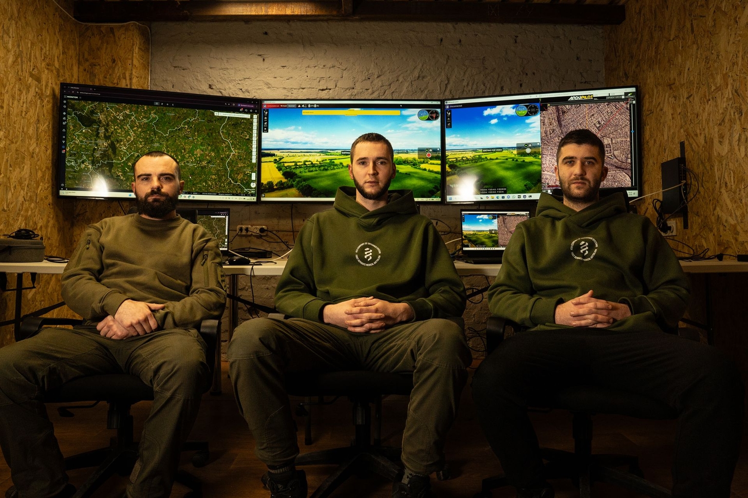 Bohdan (center) and his team of unmanned ground vehicle (UGV) operators with Ukraine’s First Medical Battalion in Donetsk Oblast on Jan. 24, 2026