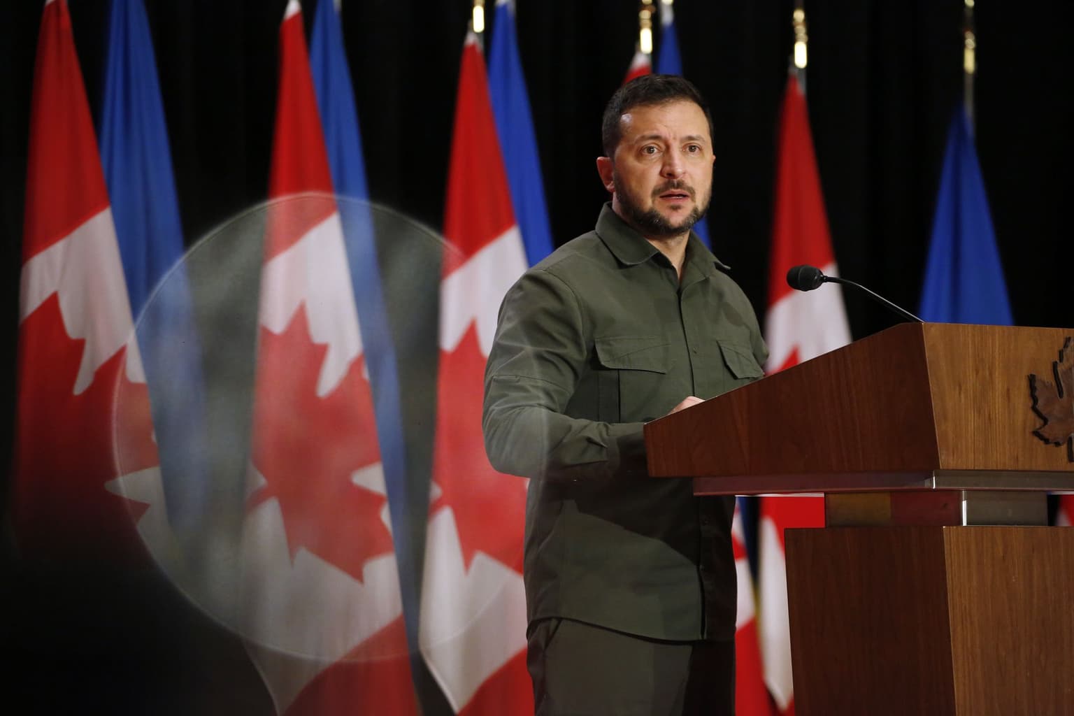 President Volodymyr Zelensky speaks on Parliament Hill in Ottawa, Canada, on Sept. 22, 2023.