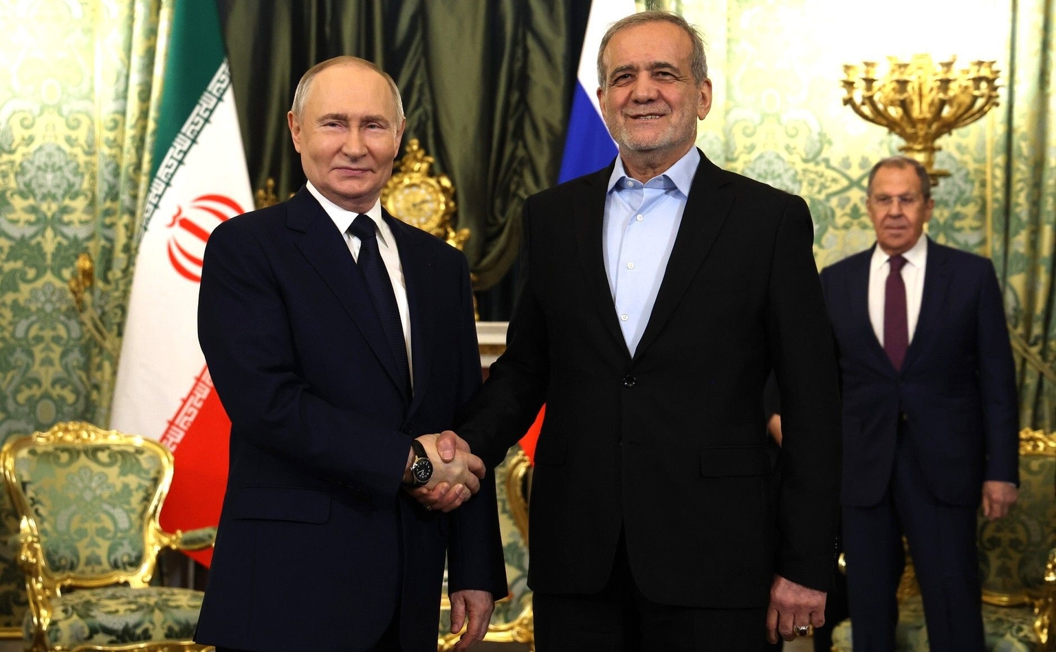 Russian President Vladimir Putin (L) meets with Iranian President Masoud Pezeshkian (R) at the Kremlin in Moscow, Russia, on Jan. 17, 2025.