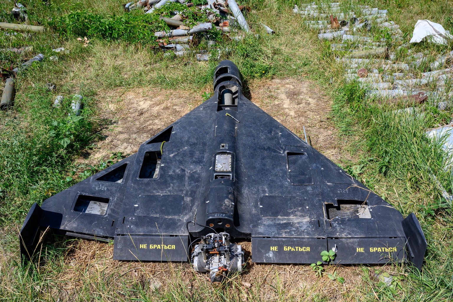 For illustrative purposes. The remains of a Russian-made, Iran-designed Shahed-136 drone, maintained as evidence for eventual war crimes prosecutions against Russia, on July 30, 2025, in Kharkiv, Ukraine. (Scott Peterson/Getty Images)