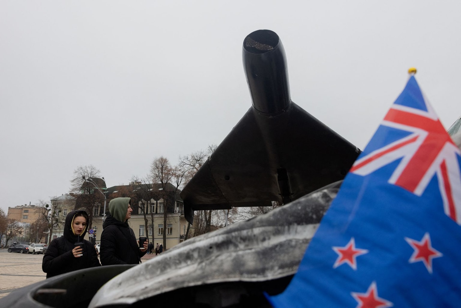 People look at an Iranian-designed Shahed-136 drone during an open-air exhibition in Kyiv, Ukraine, on Dec. 9, 2025. (Tetiana Dzhafarova/AFP via Getty Images)