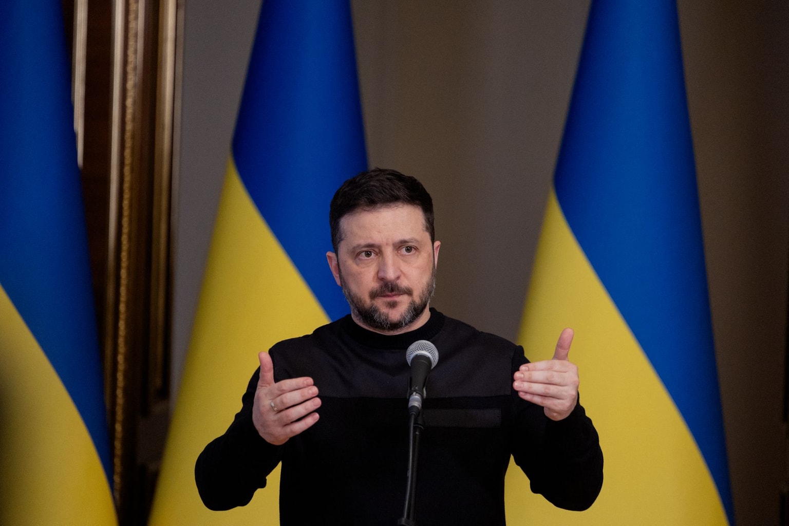 Ukraine's President Volodymyr Zelensky gestures as he speaks during a press conference in Kyiv on March 3, 2026 (Tetiana Dzhafarova / AFP via Getty Images)