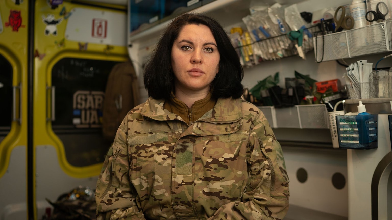 “Panda,” a medic with Ukraine’s 60th Mechanized Brigade, sits inside the ambulance in Donetsk Oblast on Jan. 24, 2026.