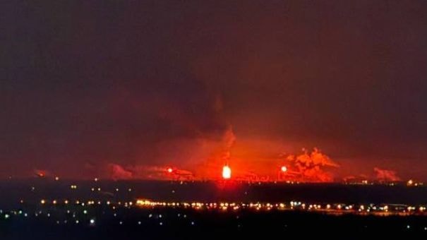 Fire burning at Russia's Volgograd oil refinery in Volgograd, Russia, on Feb. 11, 2026.