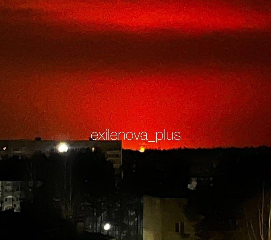 Photo allegedly shows flames lighting the sky over the Russian port of Ust-Luga overnight on March 26, 2026, as the area was targeted by drones for the second night in a row. (Exilenova-Plus / Telegram)