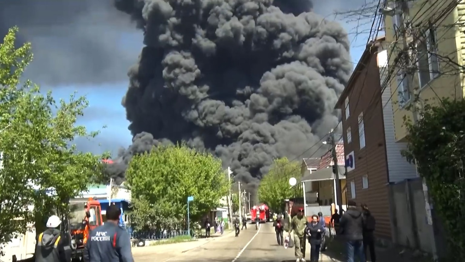 A screengrab from a video shows dense black smoke rising from the Tuapse oil refinery in Tuapse, Russia, on April 28, 2026.