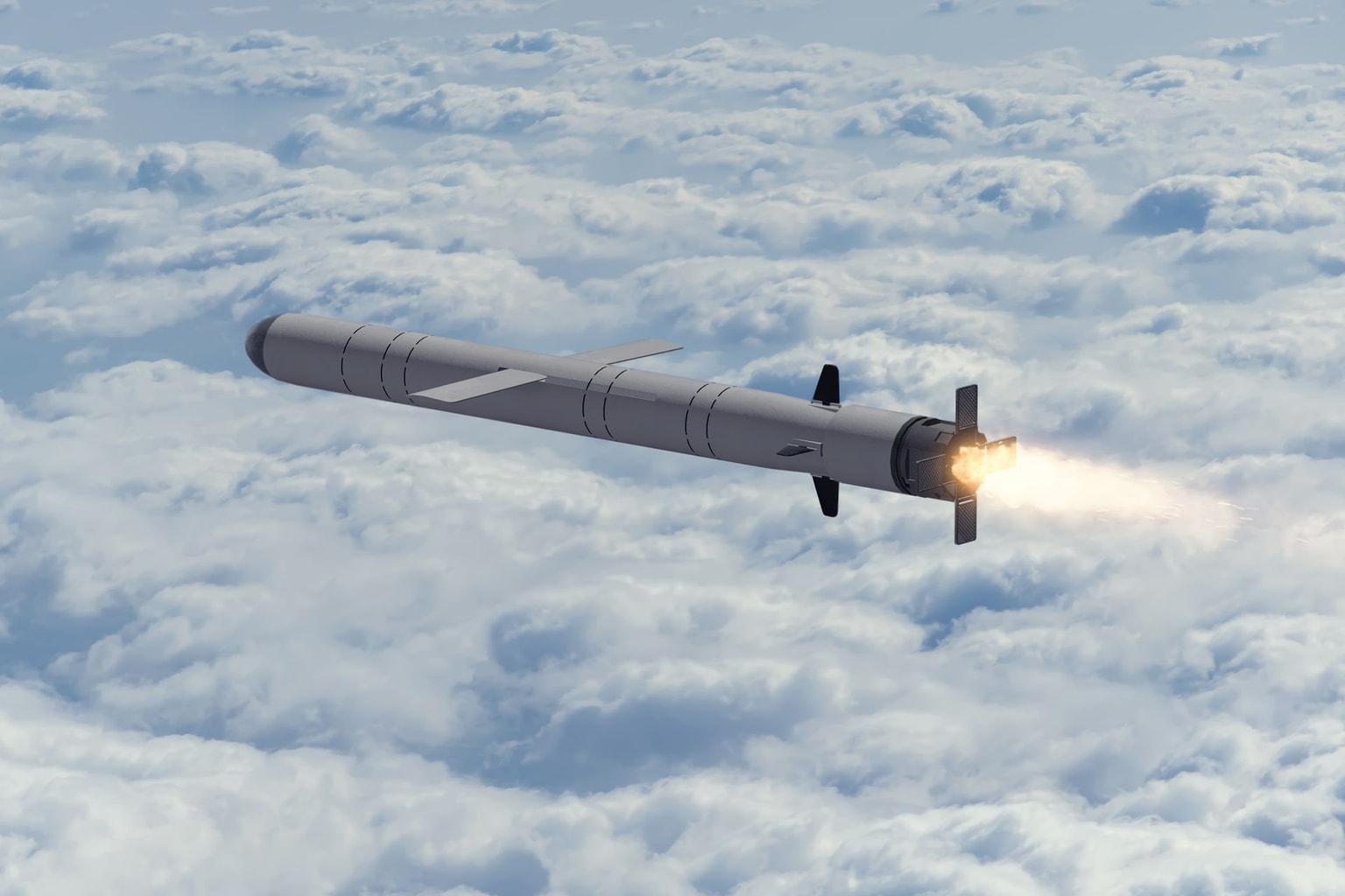 Illustrative image: Stock photo of a Russian Kalibr cruise missile flying above the clouds. (Olena Bartienieva / Getty Images)