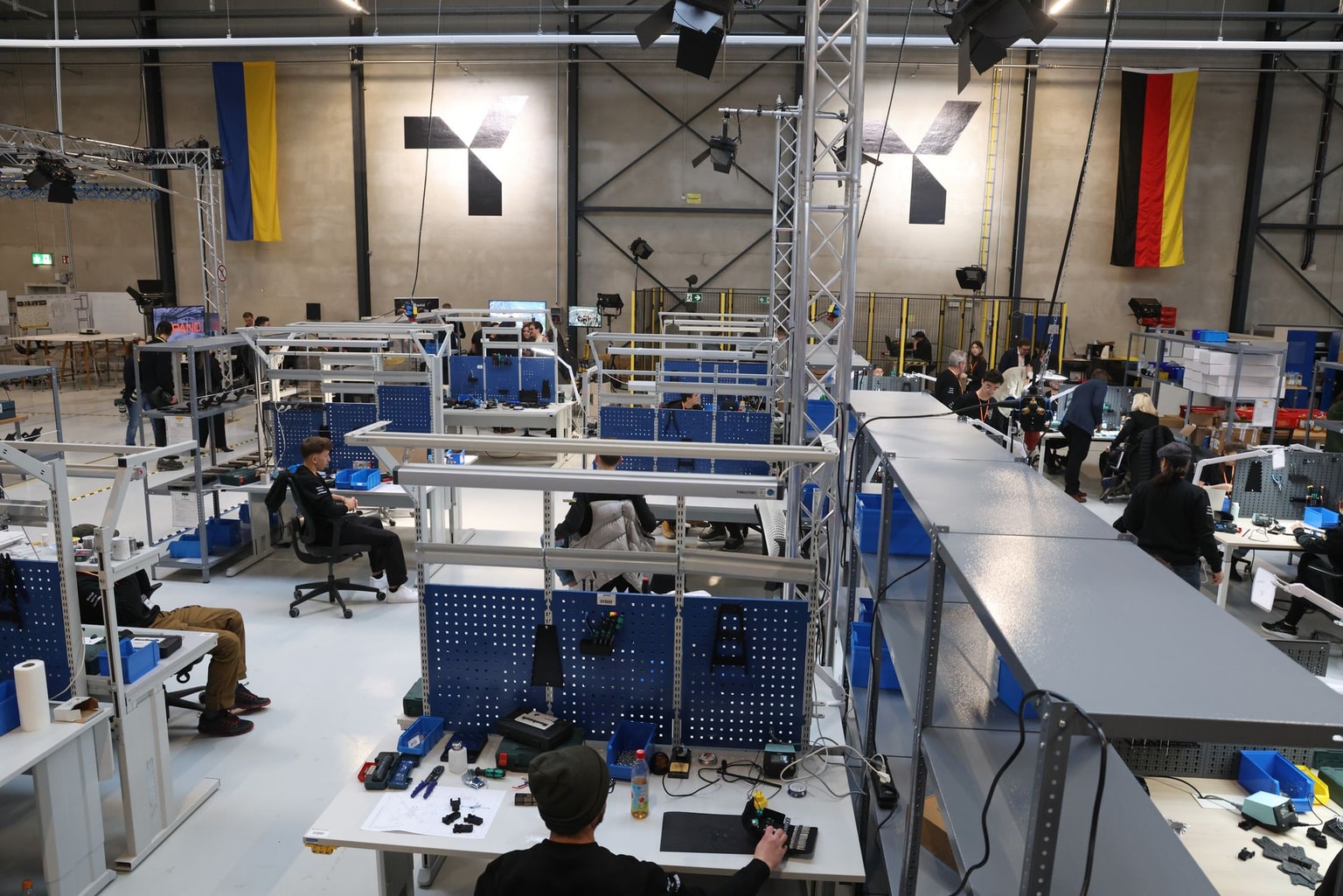 Ukrainian and German flags hang at the production facility near Munich, Germany, on Feb. 13, 2026.