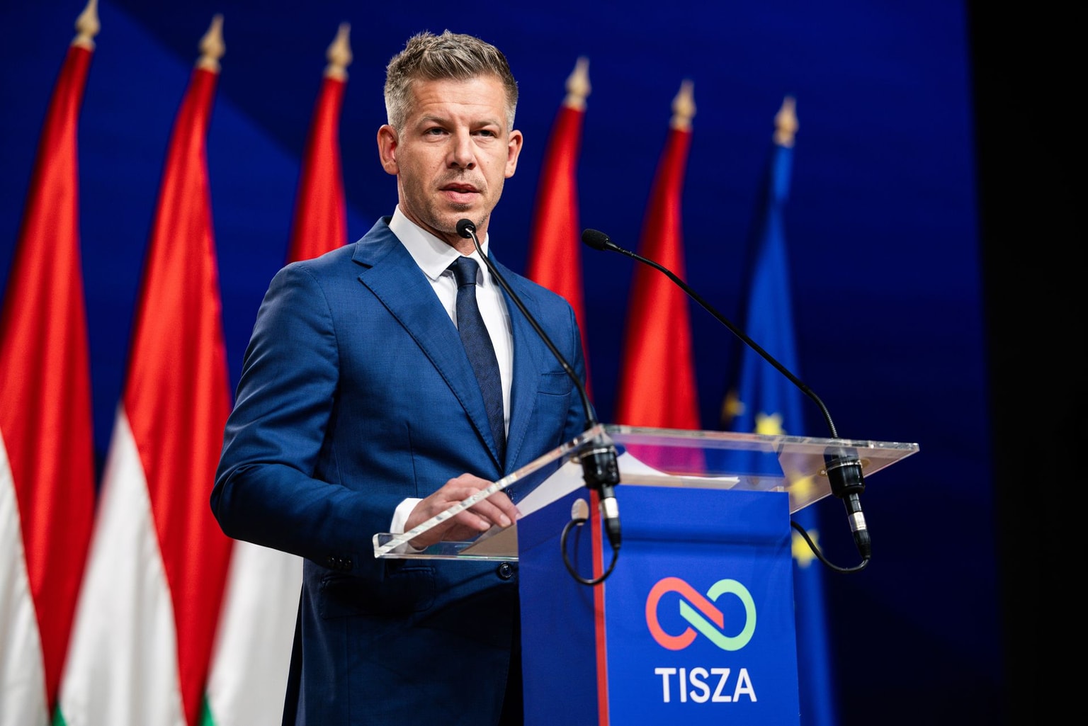 Peter Magyar, Hungary's incoming prime minister, at a news conference following his election victory in Budapest, Hungary, on Monday, April 13, 2026. (Akos Stiller/Bloomberg via Getty Images)