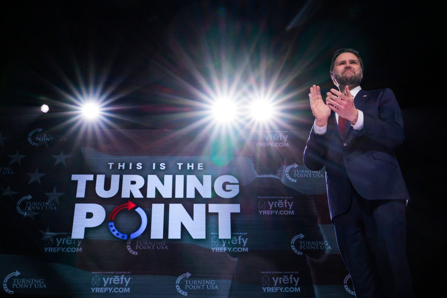 U.S. Vice President JD Vance takes the stage during a Turning Point USA event at Akins Ford Arena at the Classic Center on April 14, 2026, in Athens, Georgia. (Chip Somodevilla/Getty Images)