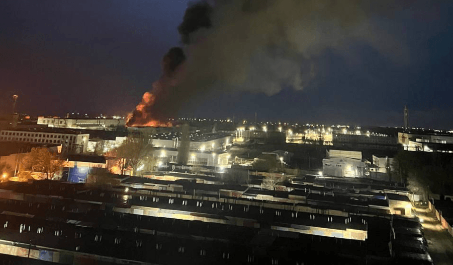 What purports to be a fire burning at a drone plant following reported Ukrainian missile strikes in Taganrog, Rostov Oblast, Russia overnight on April 19, 2026. (Exilenova Plus/Telegram)