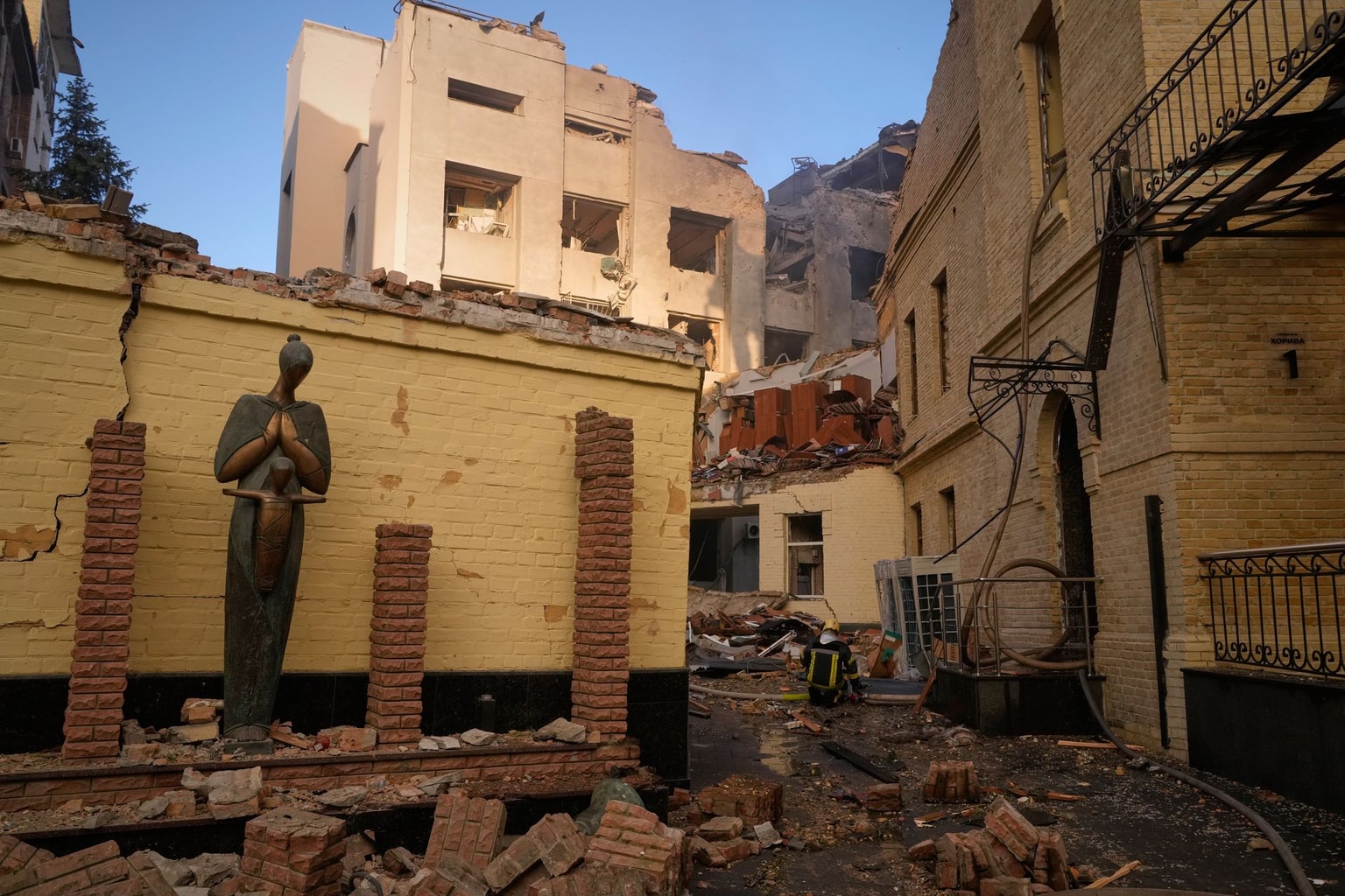 Firefighters work at the damaged Chornobyl Museum following a Russian missile attack in Kyiv, Ukraine, on May 24, 2026.