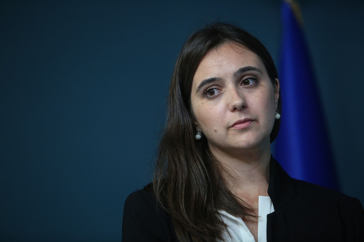 Iuliia Mendel during a briefing at the Presidential Administration in Kyiv, Ukraine, on June 6, 2019.