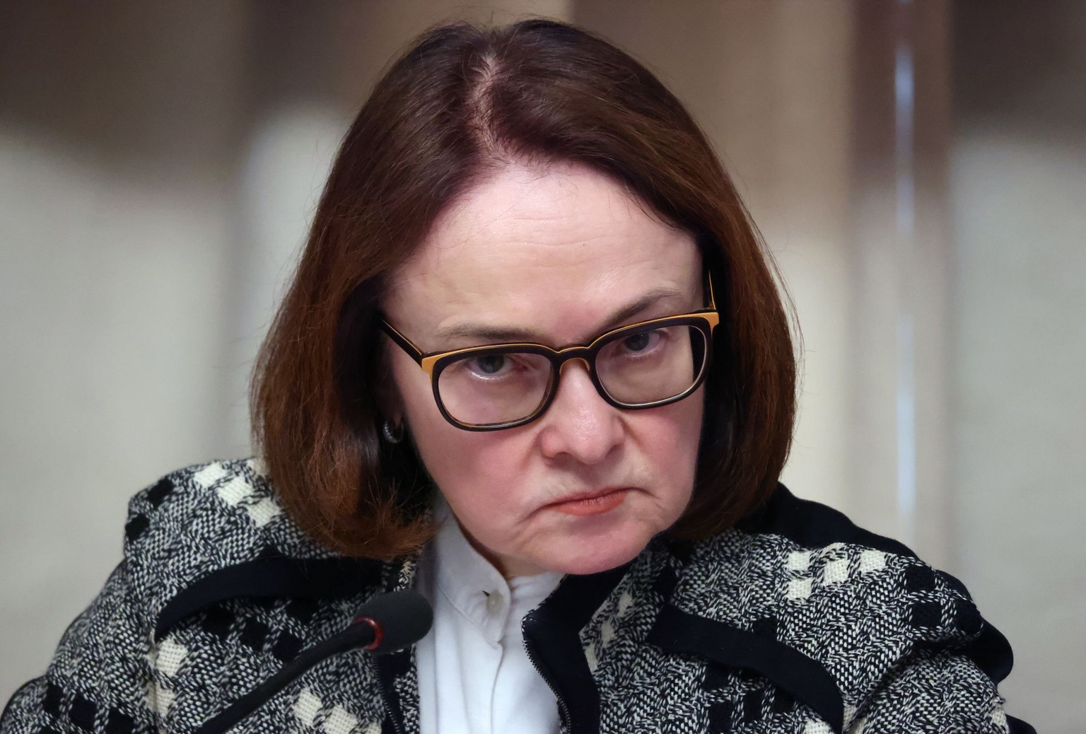 Russian Central Bank Chairwoman Elvira Nabiullina grimaces as she visits the State Duma in Moscow, Russia, on March 24, 2026.