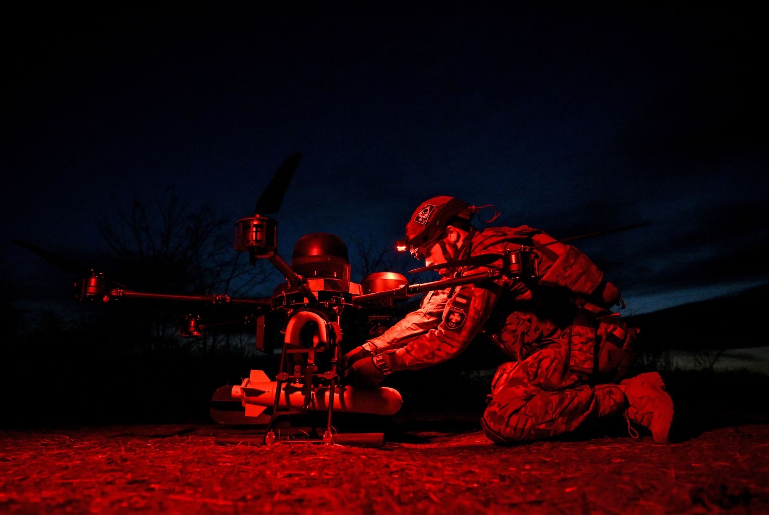 A Ukrainian soldier prepares a Baba Yaga drone before a flight in the Zaporizhzhia Oblast, Ukraine, on March 23, 2026.