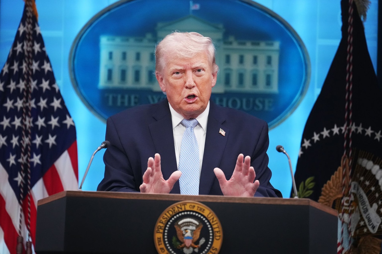 U.S. President Donald Trump in the White House briefing room on, April 6, 2026. (Tom Williams/CQ-Roll Call, Inc via Getty Images)