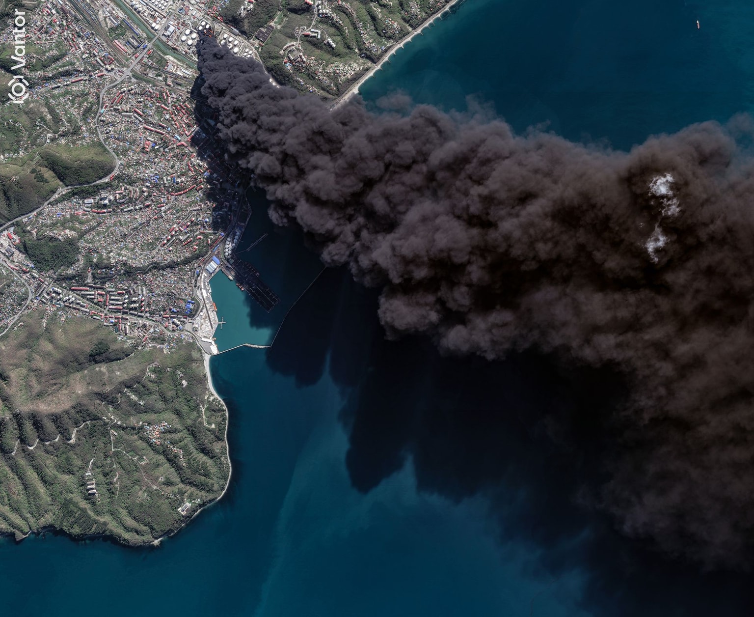 A satellite image shows smoke plumes rising from oil storage tanks in the Tuapse oil refinery in Tuapse, Krasnodar Krai, Russia, on April 16, 2026. (Satellite image / 2026 Vantor / Getty Images)