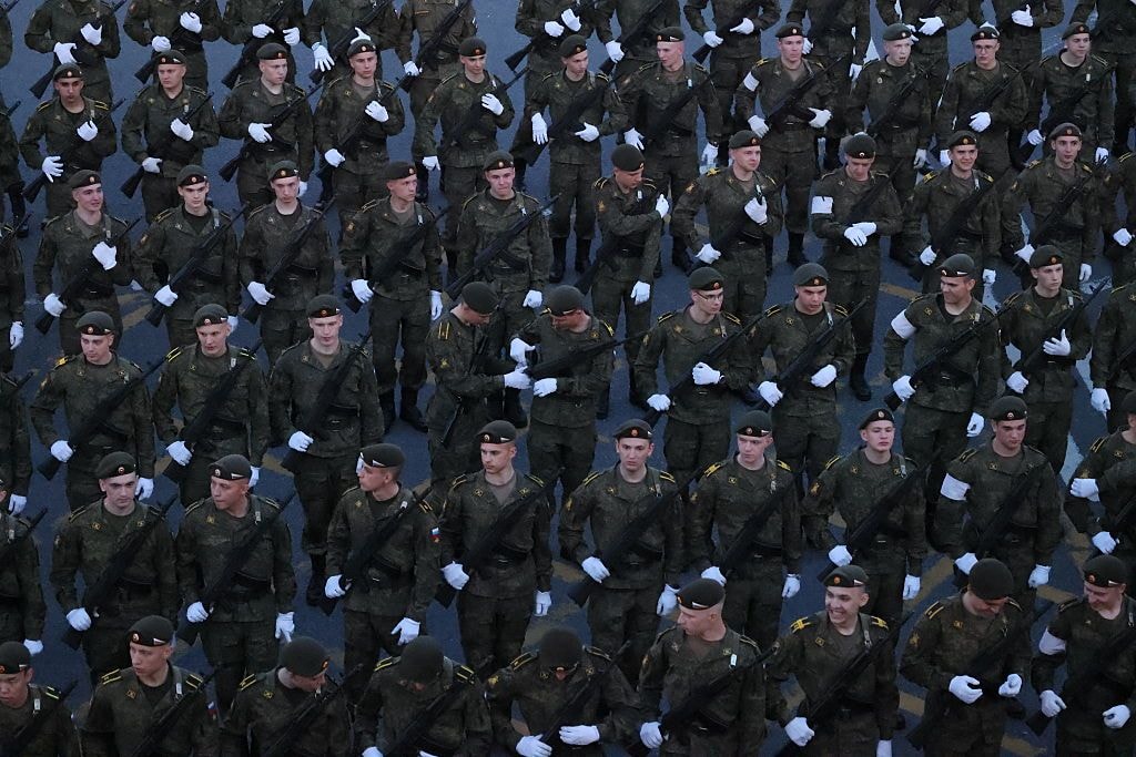 Russian military officers and cadets who will participate in the May 9 Red Square Military Parade, gather for the rehearsals, on May 4, 2026 in Moscow, Russia. (Contributor / Getty Images)