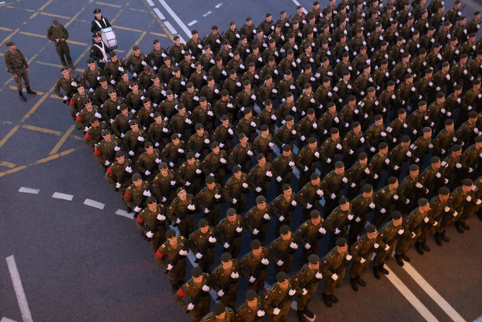 Russian military officers and cadets gather for a rehearsal of the Victory Day parade in Moscow, Russia, on May 4, 2026. (Contributor/Getty Images)