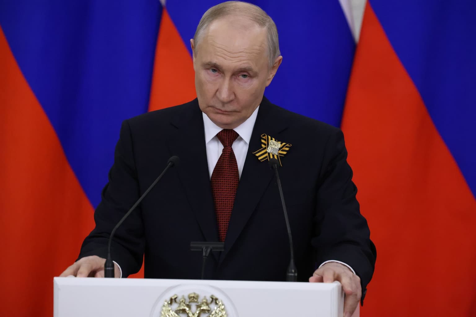 Russian President Vladimir Putin speaks during his press conference in Moscow, Russia, on May 9, 2026.