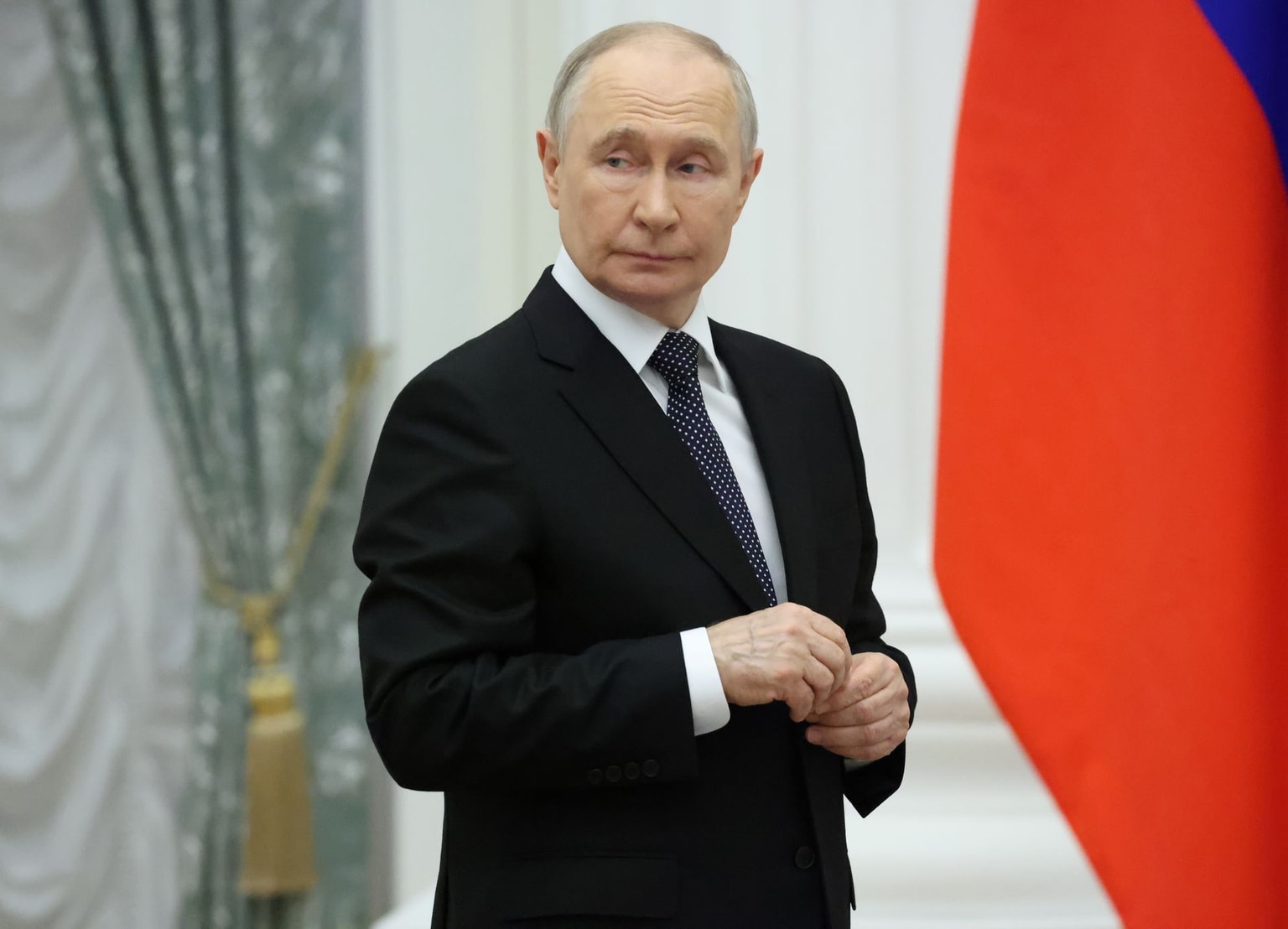 Russian President Vladimir Putin grimaces during an award ceremony at the Kremlin, on May 21, 2026, in Moscow, Russia. (Contributor/Getty Images)