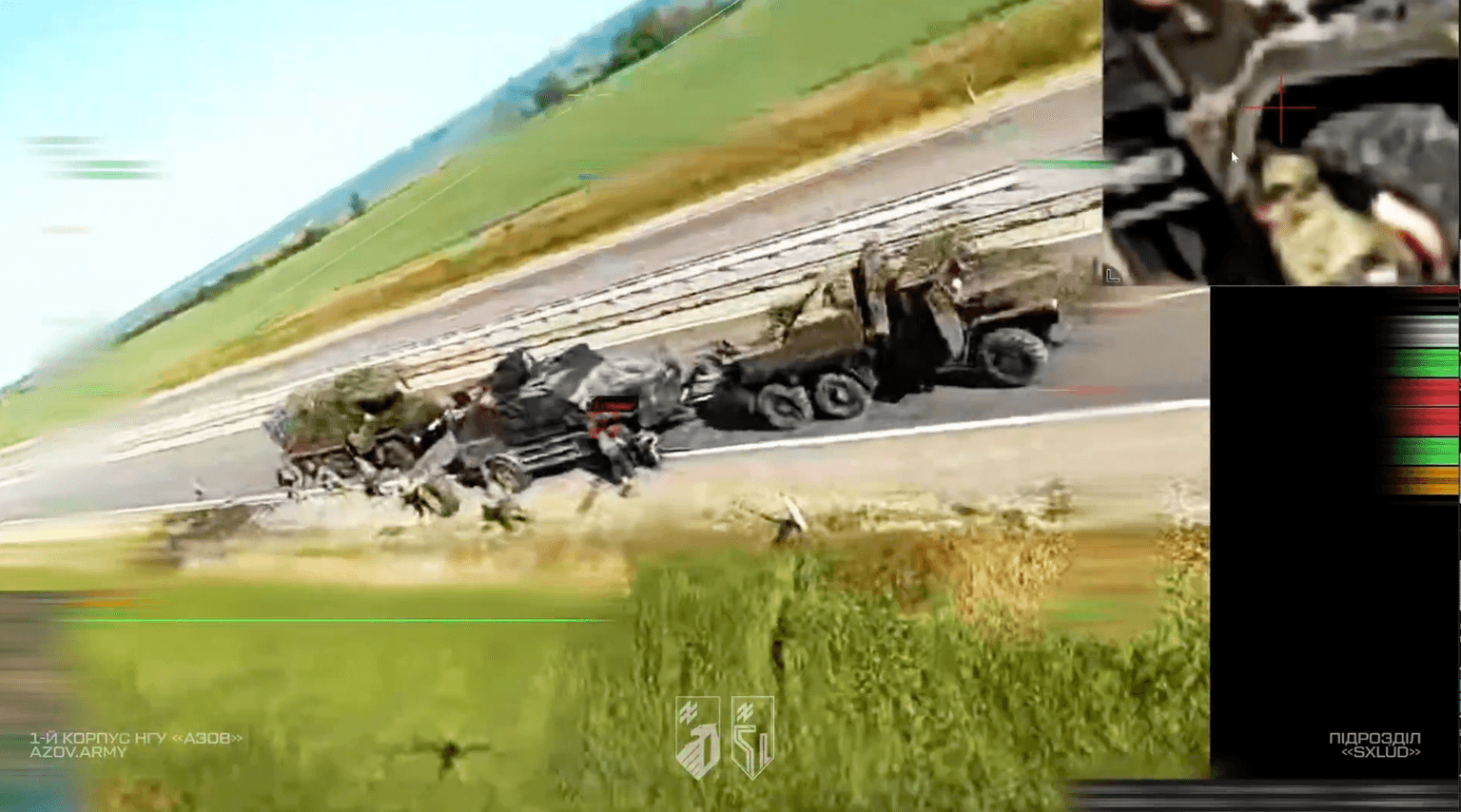 A screenshot from a video released by Ukraine's Azov Brigade on May 25, 2026, showing a drone strike on Russian military vehicles (HUR/Telegram)