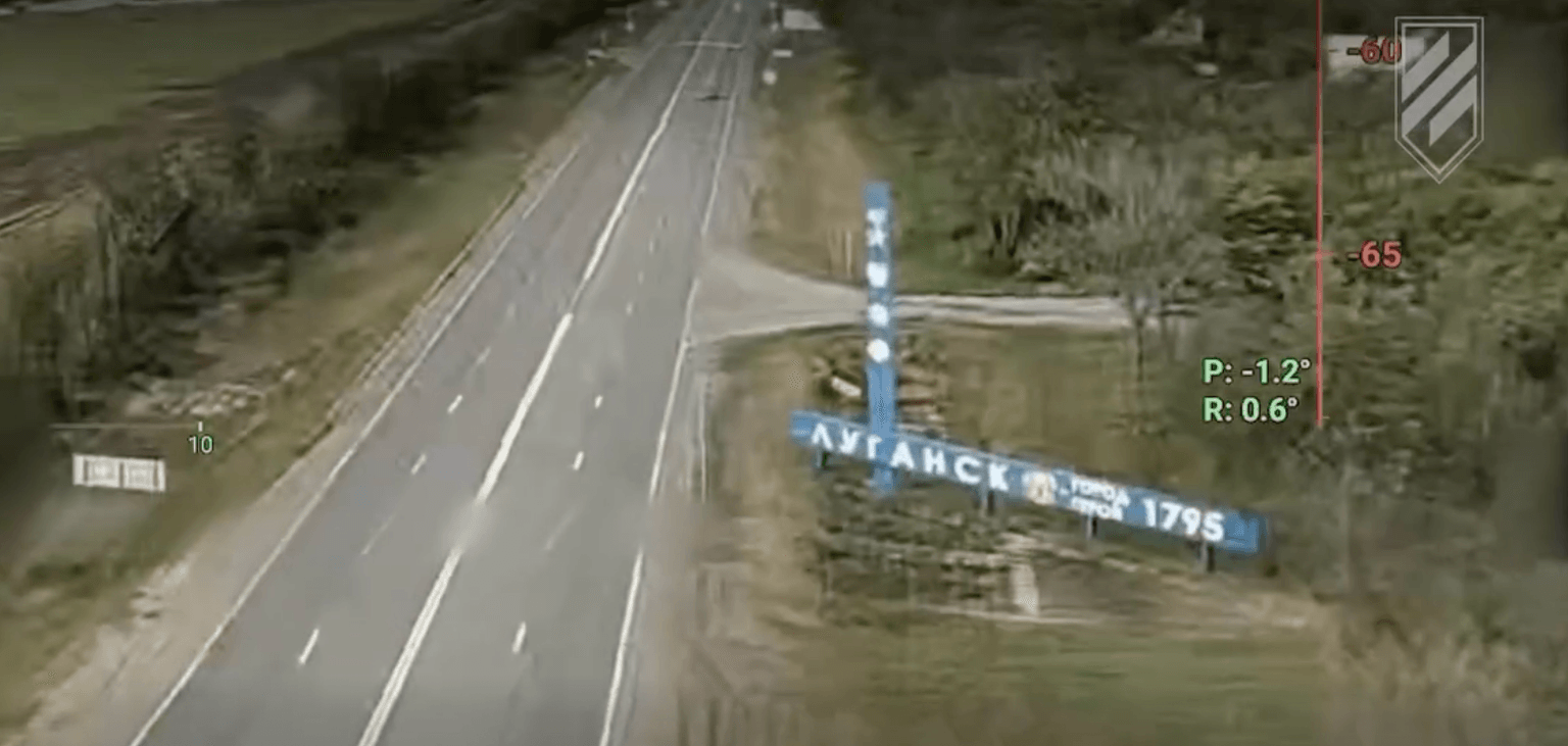 Drone footage released by Ukrainian forces shows the "Luhansk" sign on the outskirts of the city, which has been under Russian occupation since 2014. (3rd Army Corps/Facebook)