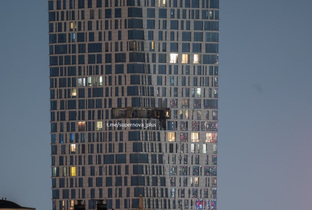 Damage is purportedly seen at a high-rise residential building in Moscow on May 4, 2026 following a reported Ukrainian drone attack. (Supernova_plus/Telegram)