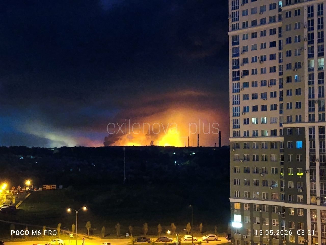 A massive fire is seen emanating from what appears to be the Ryazan Oil Refinery on May 15, 2026 amid a large-scale Ukrainian drone attack. (Exilenova_plus)