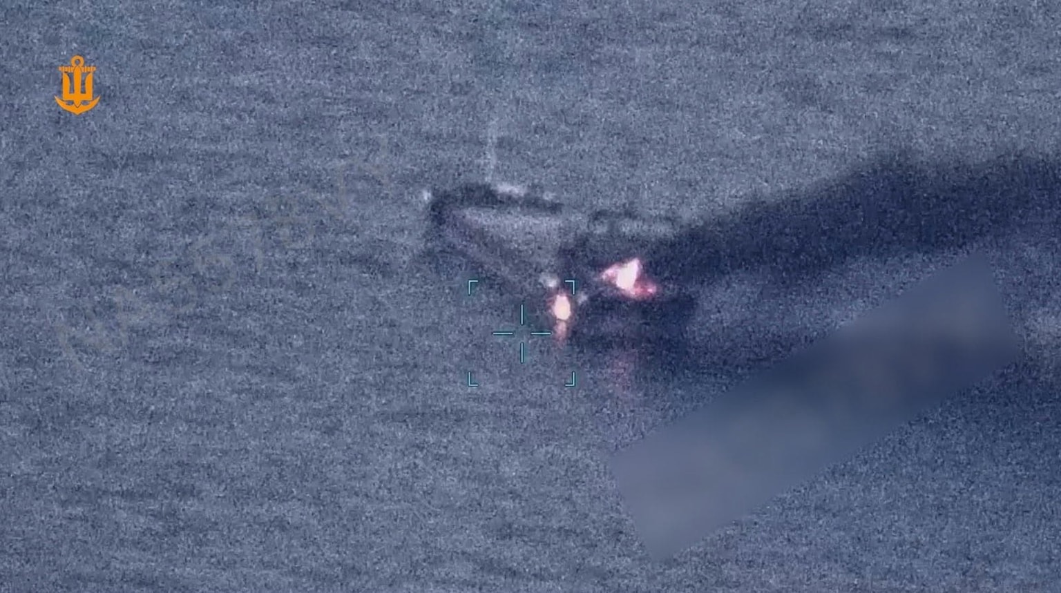 A photograph uploaded by the Ukrainian Navy shows a cargo ship burning, purportedly after a Russian attack in the Black Sea overnight on June 22, 2026. (Ukraine's Navy/Facebook)