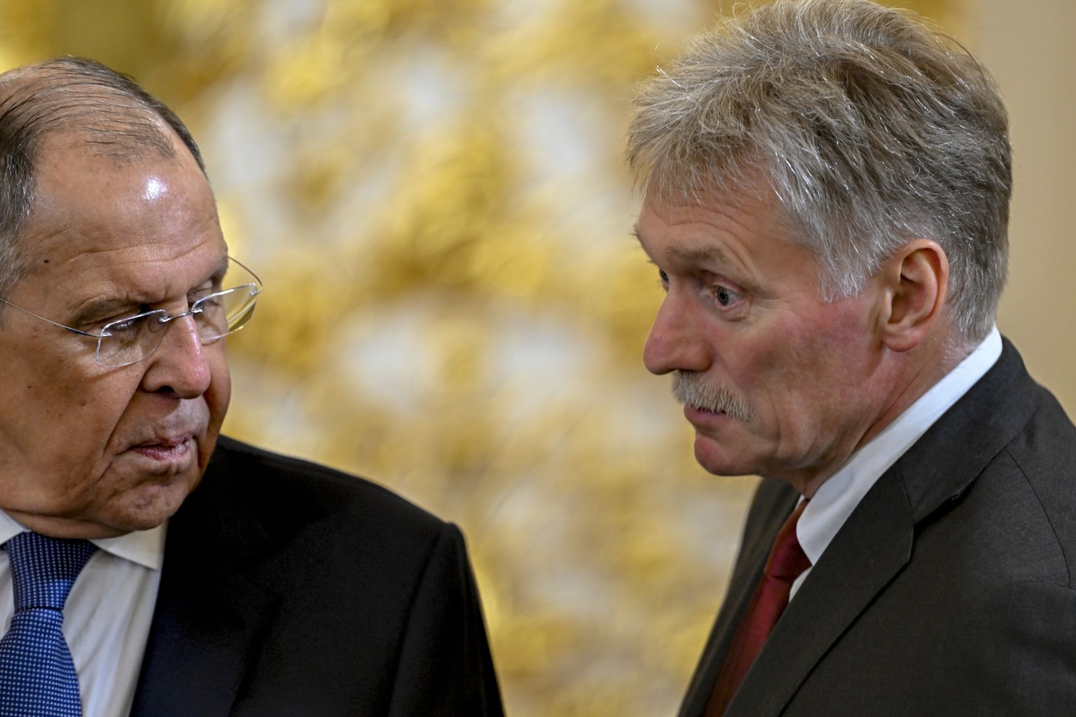 Russian Foreign Minister Sergey Lavrov (L) and Kremlin spokesman Dmitry Peskov (R) in Moscow, Russia on July 09, 2024. (Sefa Karacan/Anadolu via Getty Images)