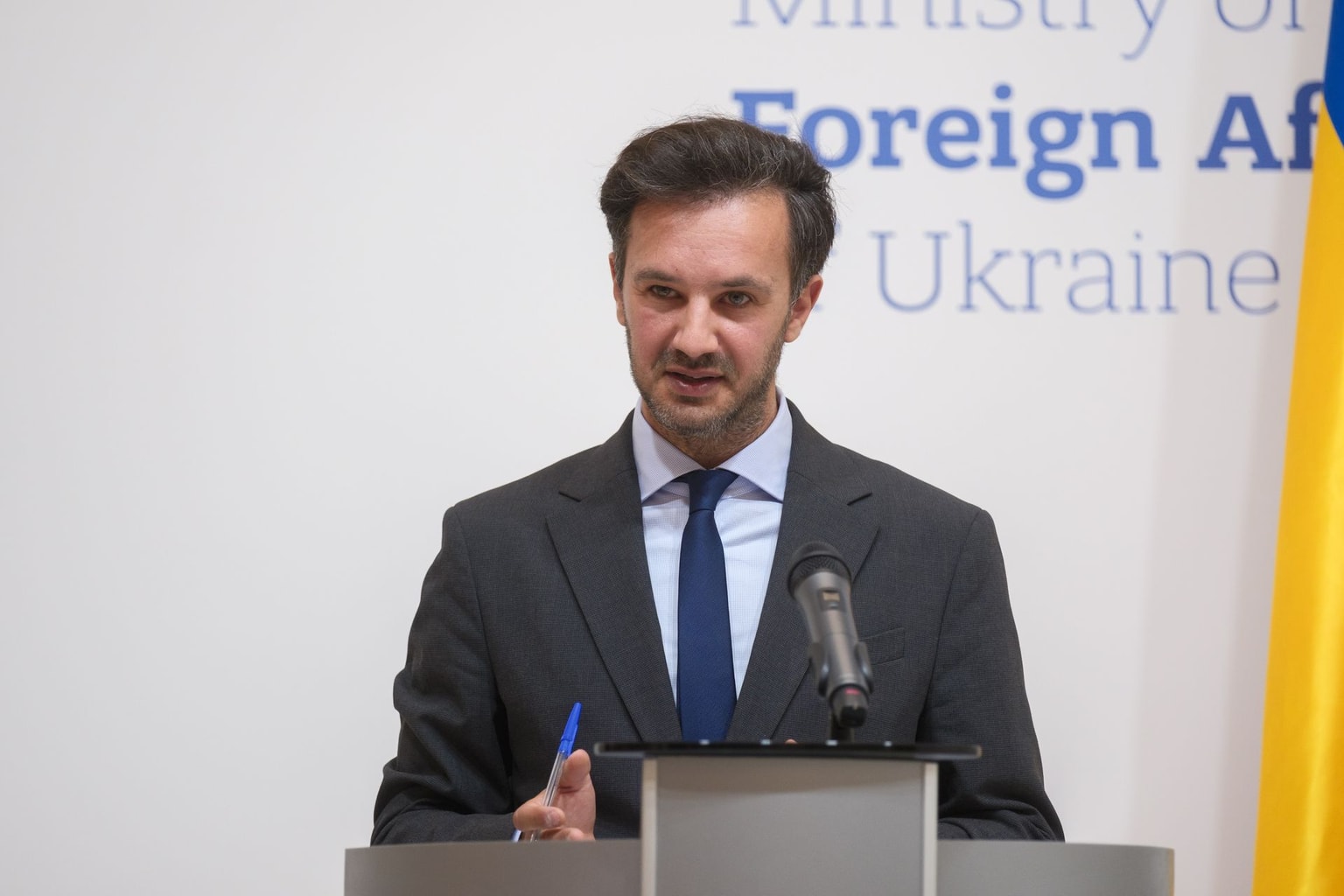 Foreign Ministry spokesperson Heorhii Tykhyi speaks during a press conference in Kyiv, Ukraine, on August 13, 2024. (Vitalii Nosach/Global Images Ukraine via Getty Images)