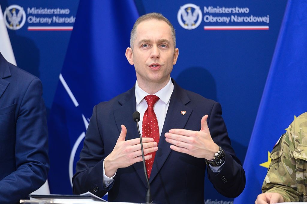 Poland's Deputy Defense Minister Cezary Tomczyk, takes part in a press conference in Warsaw, Poland, on Nov. 6, 2025. (A/NurPhoto via Getty Images)