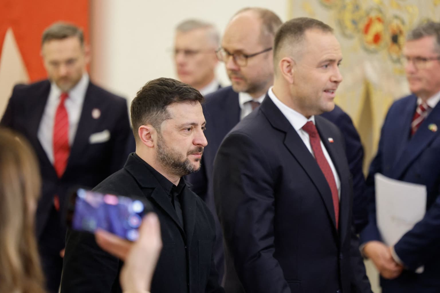 Poland's President Karol Nawrocki (R) and President Volodymyr Zelensky (L) in Warsaw, Poland, on Dec. 19, 2025.