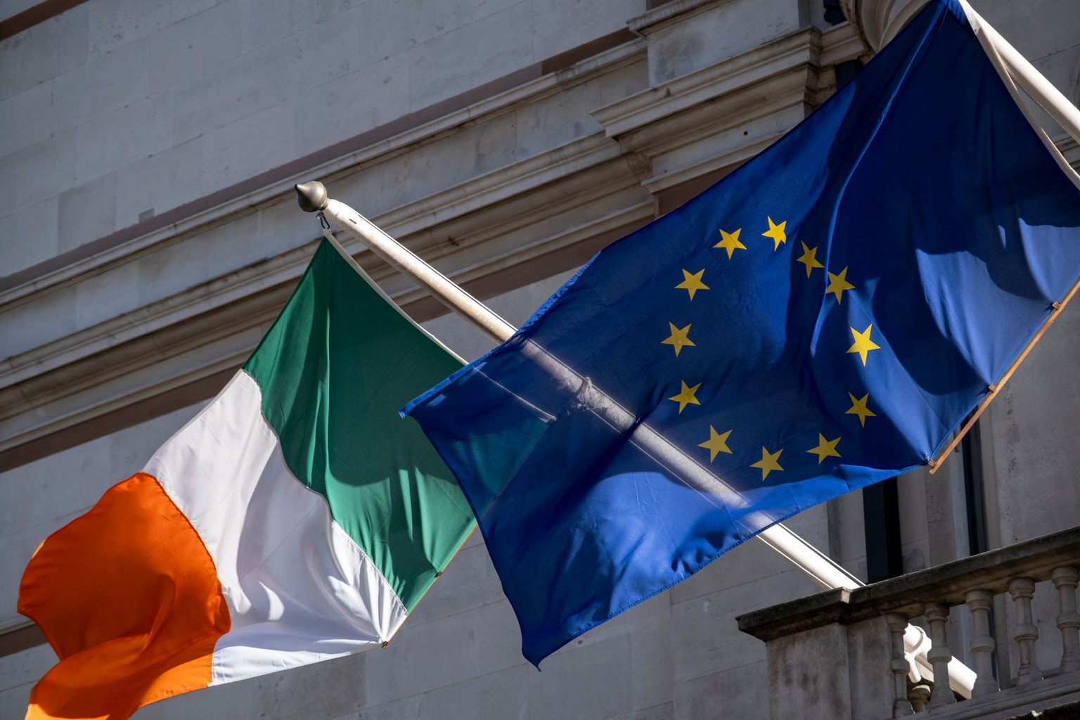 EU and Irish flags in London, United Kingdom, on March 2, 2026. (Mike Kemp/In Pictures via Getty Images)