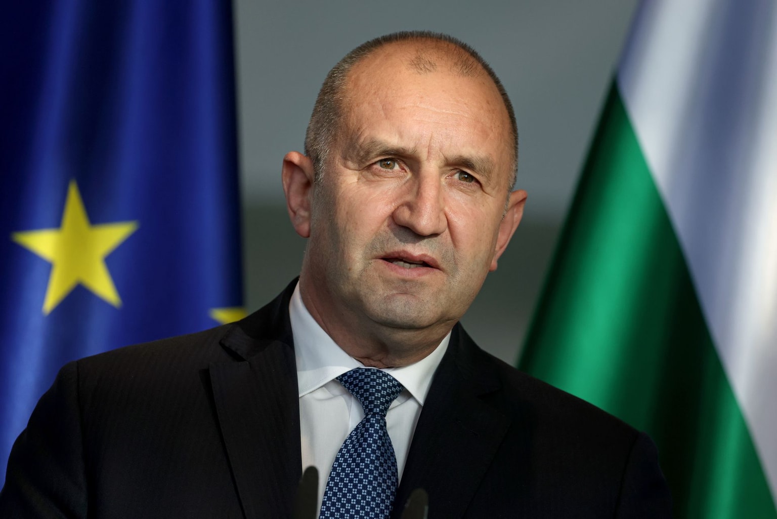 Bulgarian Prime Minister Rumen Radev speaks to the media following talks with German Chancellor Friedrich Merz at the Chancellery on May 18, 2026, in Berlin, Germany. (Sean Gallup/Getty Images)