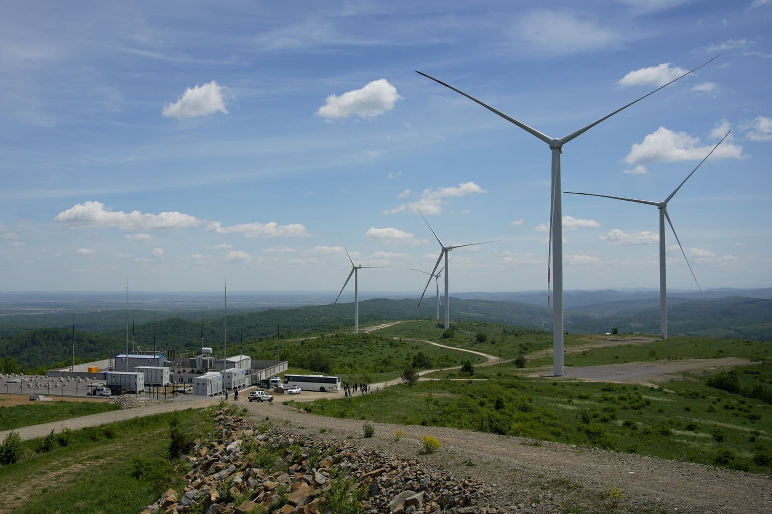 Wind turbines are seen at the Orivska Wind Farm near Oriv, Lviv Oblast, Ukraine, on May 25, 2026.