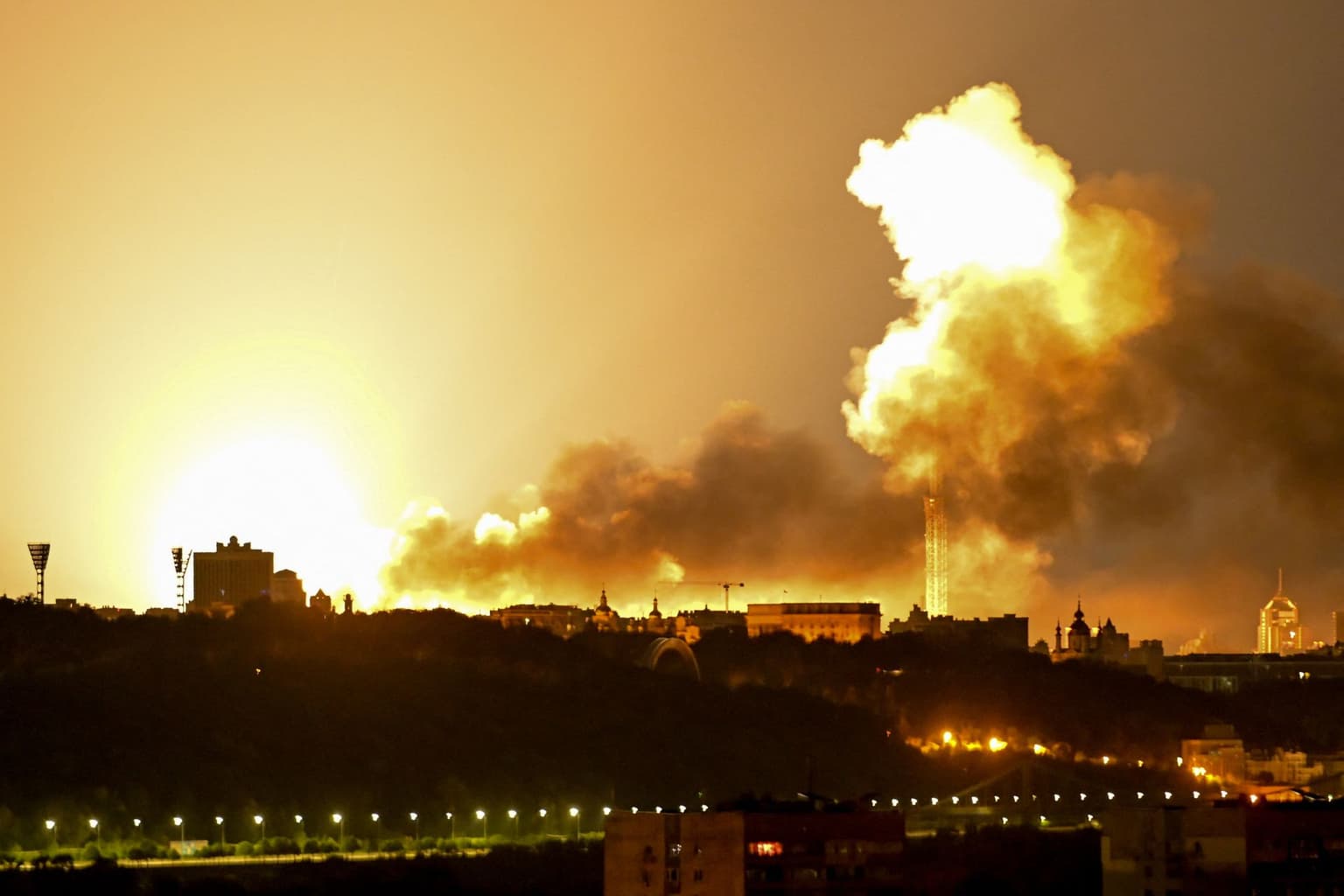An explosion lights up the sky during a Russian drone and missile attack in Kyiv, Ukraine, on June 2, 2026.
