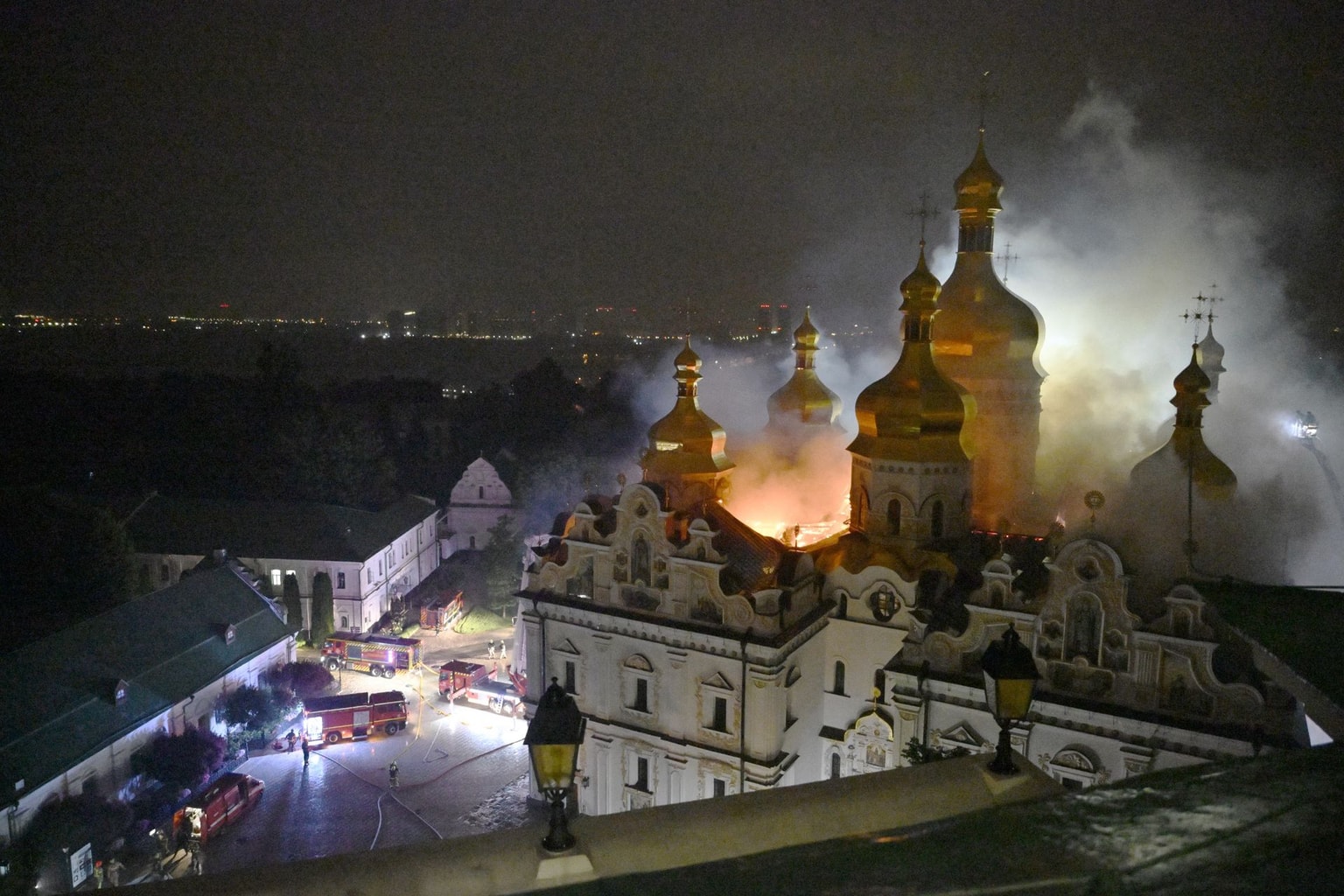 Fire rise from the Dormition Cathedral at the Kyiv Pechersk Lavra following a Russian missile strike on June 15, 2026.