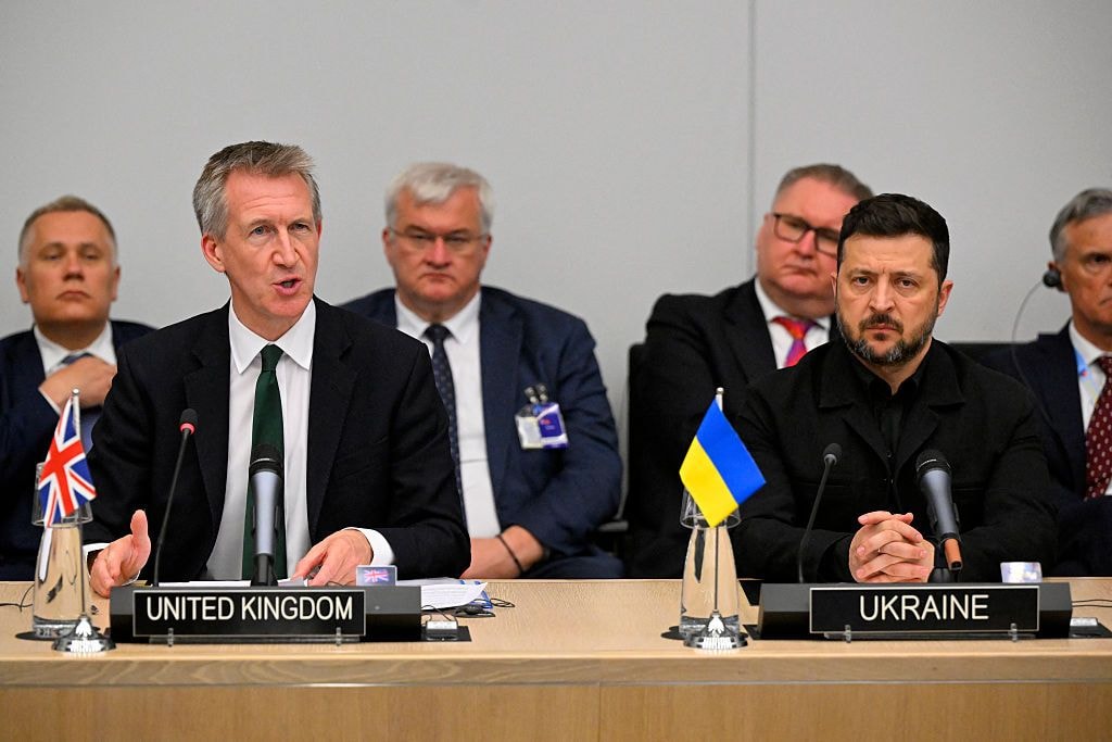 Britain's Defence Secretary Dan Jarvis and Ukraine's President Volodymyr Zelensky take part in a meeting of the Ukraine Defence Contact Group on the sidelines of a NATO Defence Ministers meeting at the NATO headquarters, in Brussels, on June 18, 2026. (John Thys/AFP/Getty Images)