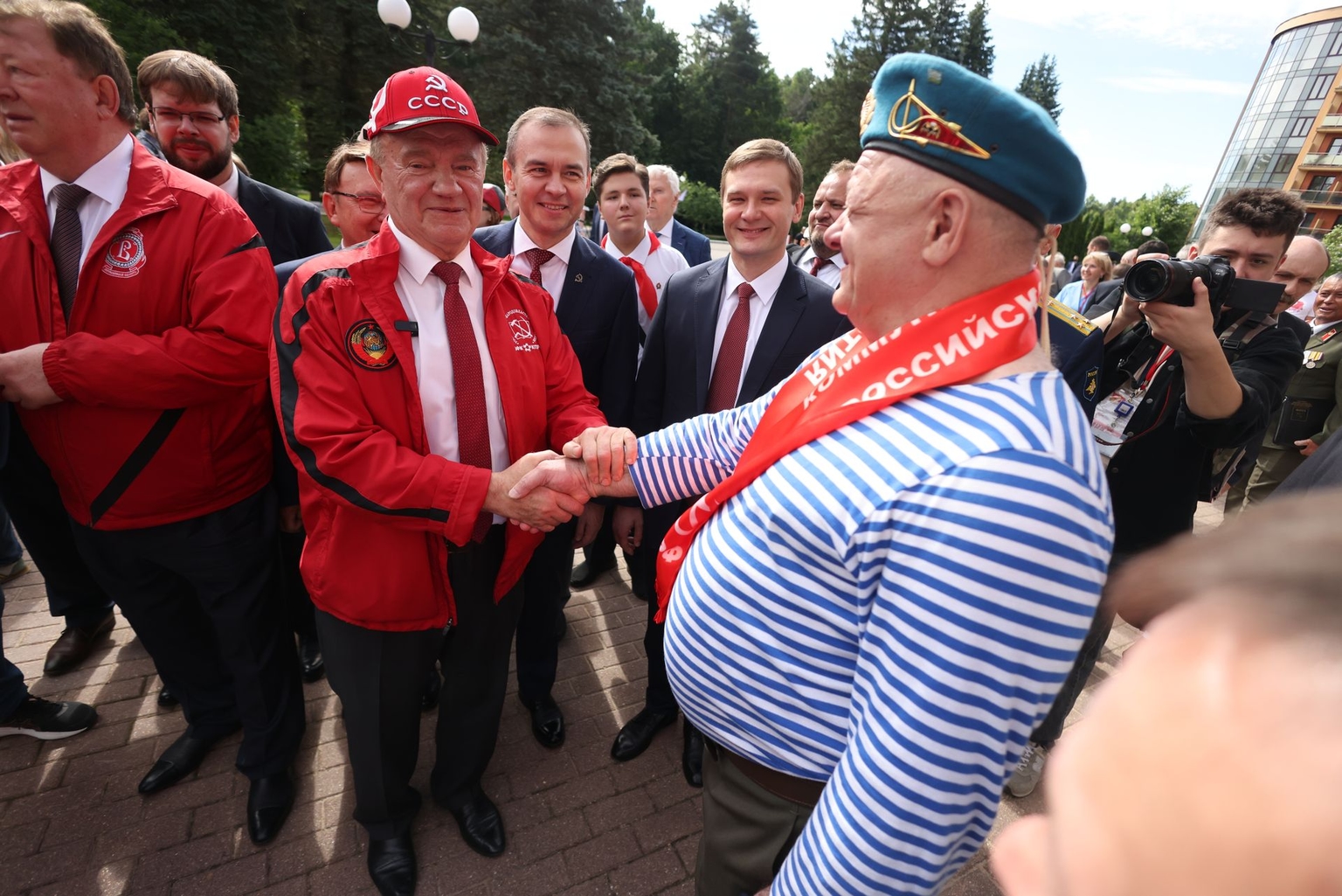 Russian Communist Party (CPRF) Chairman Gennady Zyuganov greets a supporter outside Moscow, Russia, on June 20, 2026.