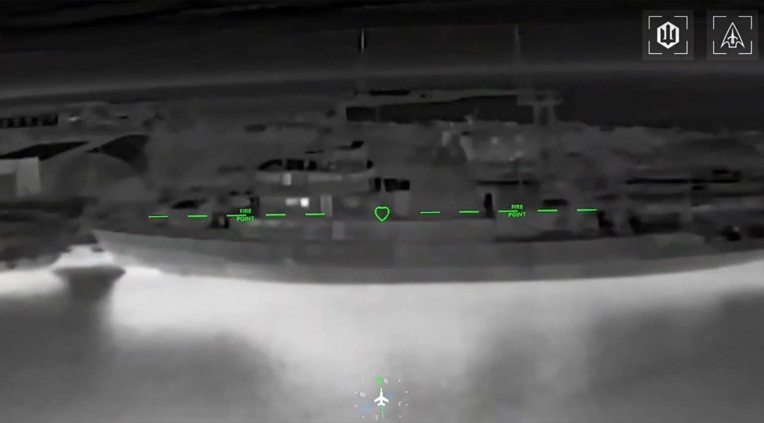 A screenshot from footage released June 2, 2026 showing a Ukrainan drone strike on a Russian tugboat in occupied Crimea (Magyar/Telegram)