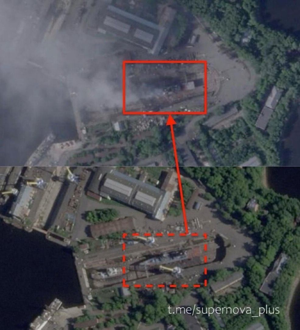 Before and after satellite images of the corvette Boikyi released on June 3 (Telegram)
