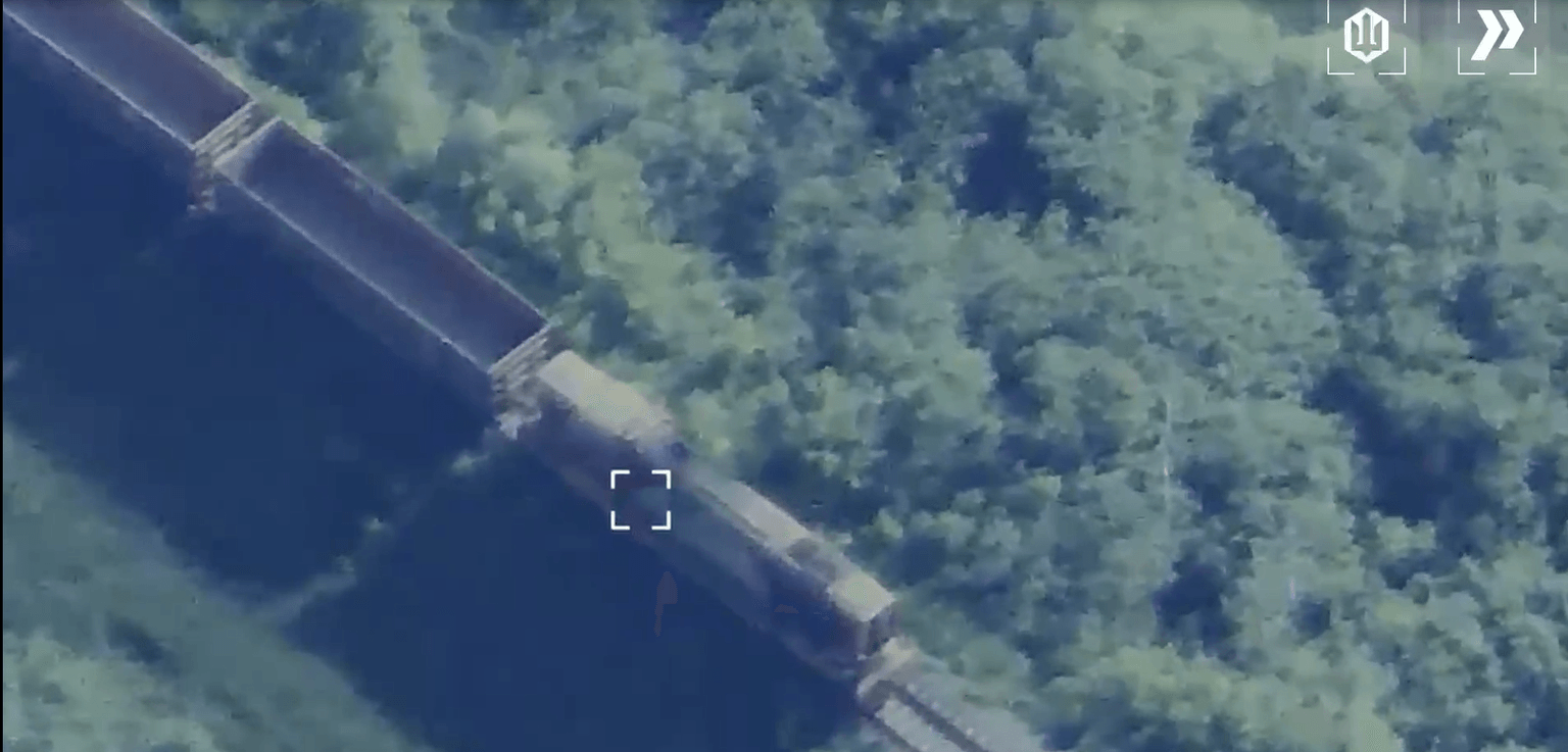 A screenshot of a video posted by Ukraine's Unmanned Systems Forces on June 7, 2026 documenting medium-range strikes on Russian logistics and air defense systems. (Ukraine's Unmanned Systems Forces/Telegram)