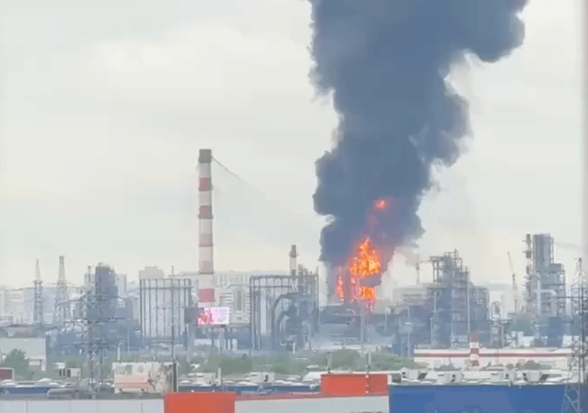 Screenshot from a video showing the aftermath of a Ukrainian drone strike on the Moscow Oil Refinery in the Kapotnya district overnight on June 16, 2026. (Ukrainian President Volodymyr Zelensky / X)