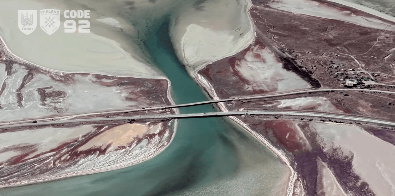 Overhead image of the Chonhar bridge connecting Russian-occupied to Russian-occupied territory in southern Ukraine. (Screenshot / Code 9.2 Drone Unit)