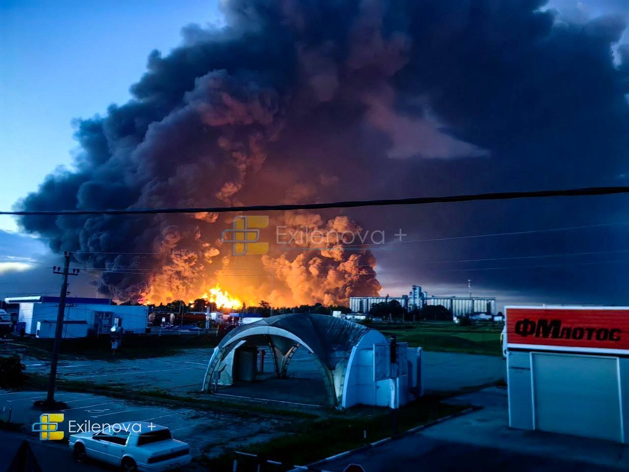 A purported photo of an oil refinery burning in the Russian city of Slavyansk-on-Kuban on June 28, 2026 following a Ukrainian drone attack. (Exilenova_plus/Telegram)