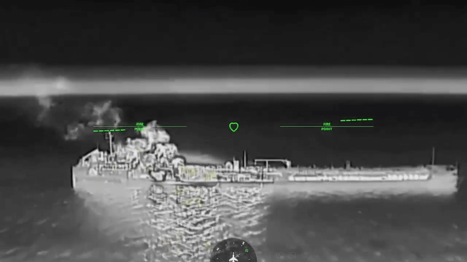 A screenshot from a video allegedly capturing fire following a Ukrainian drone strike on one of the Russian shadow fleet tankers in the Azov Sea overnight on July 8, 2026. (Robert "Madyar" Brovdi / Telegram)