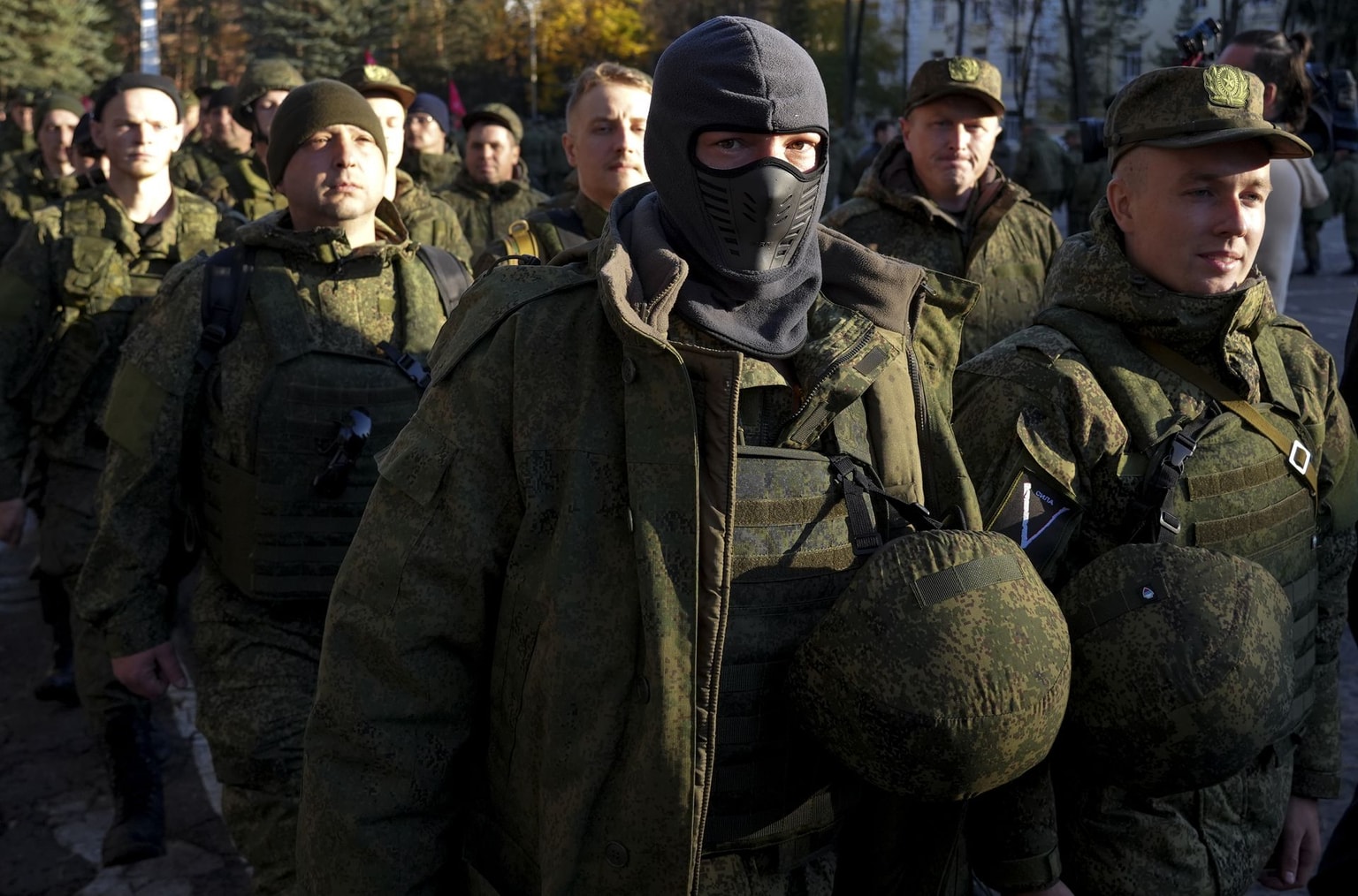 Russian citizens drafted during the partial mobilization are dispatched to combat coordination areas in Moscow, Russia, on Oct. 10, 2022. (Stringer / Anadolu Agency / Getty Images)